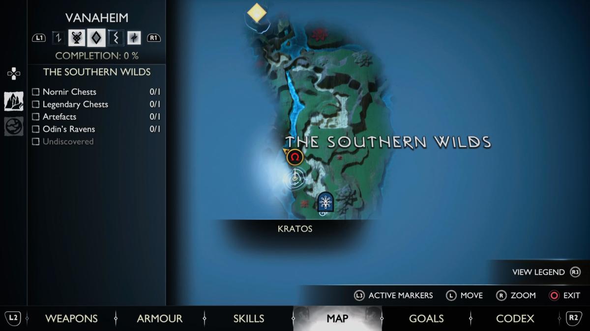 A map view of the raven in the Southern Wilds in God of War Ragnarok.